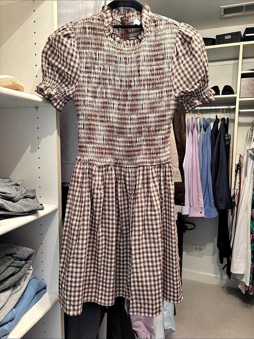 RIHOAS Coffee Gingham Puffed Sleeve Mini Dress Small
